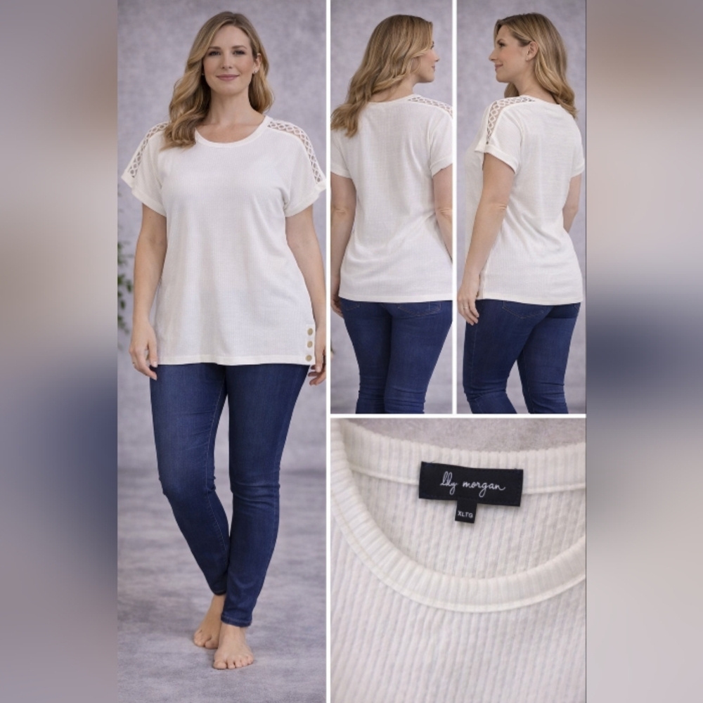 Lily Morgan Cream Short Sleeve Crochet Accent Top